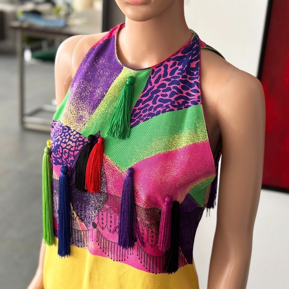 gianni versace 1990 runway top tassel yellow multicolor two piece skirt set M 40